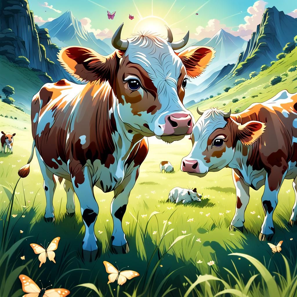 Anime Baby Cow in Grassy Meadow With Mother