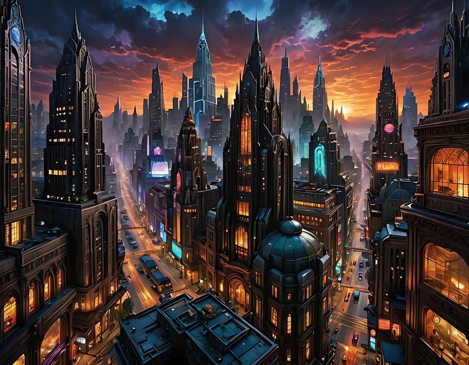 Dystopian City Street View in Gothic Art Deco Style