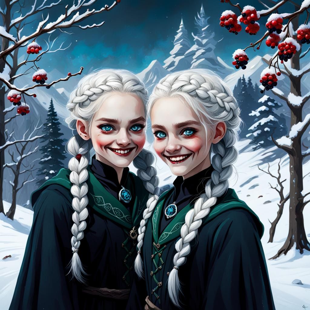 Sinister Twin Witches in Winter Snow Scene