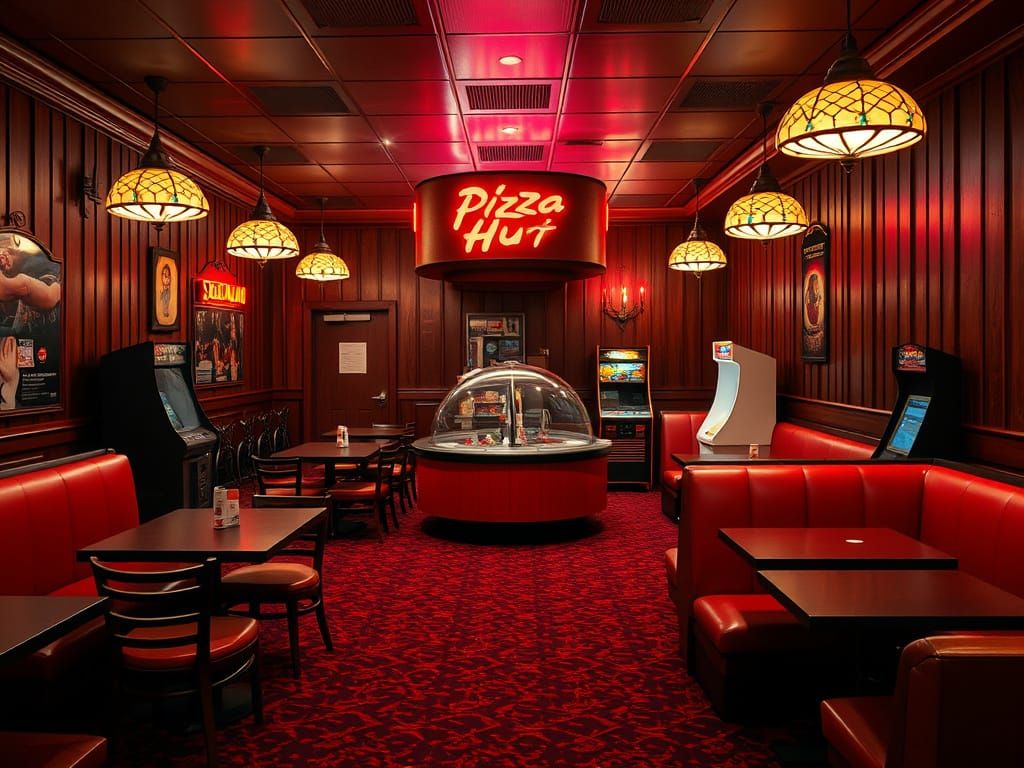 Retro Pizza Hut Restaurant Interior in the Style of Syd Mead
