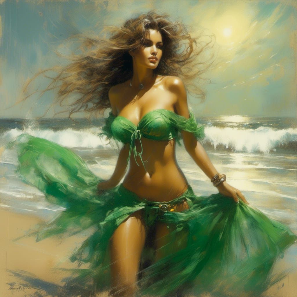 Beautiful Suntanned Woman on Beach in Vintage Style