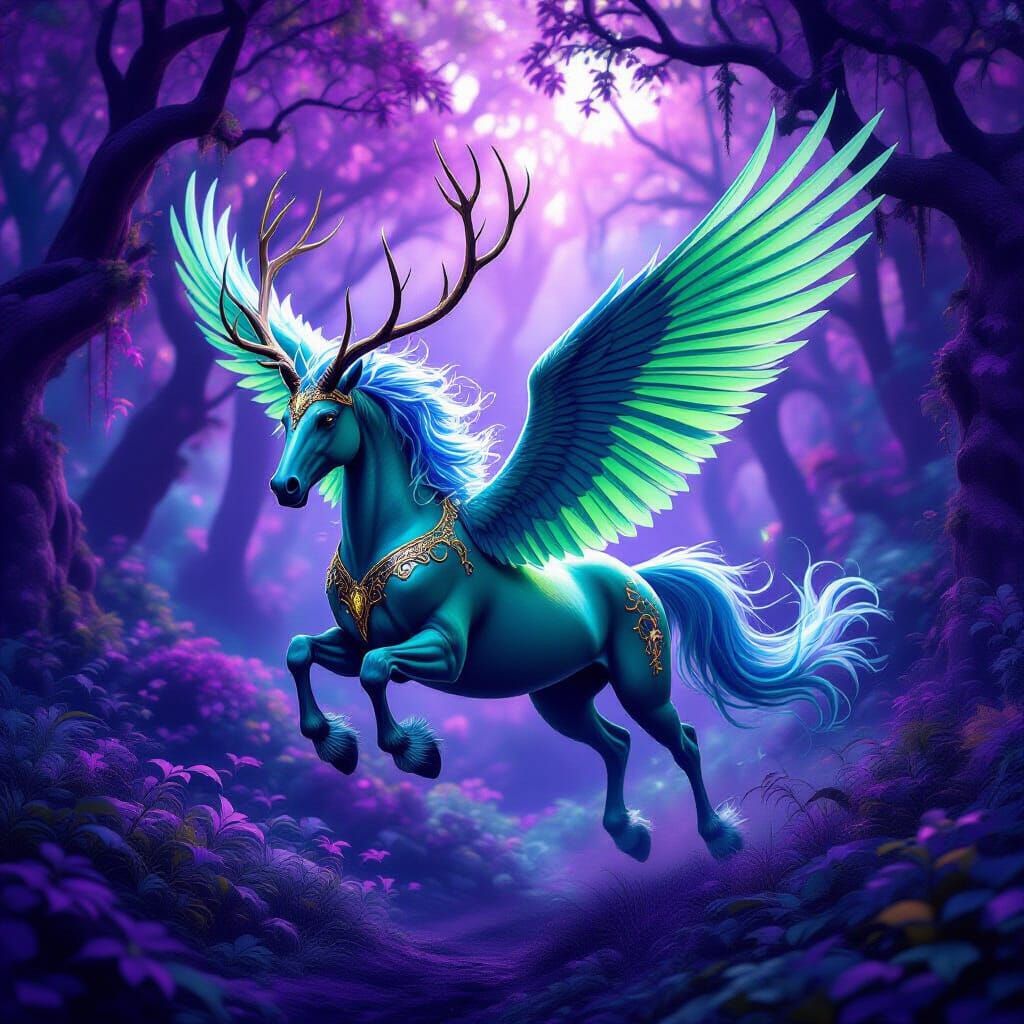 Emerald Pegasus with Antlers in Purple Forest