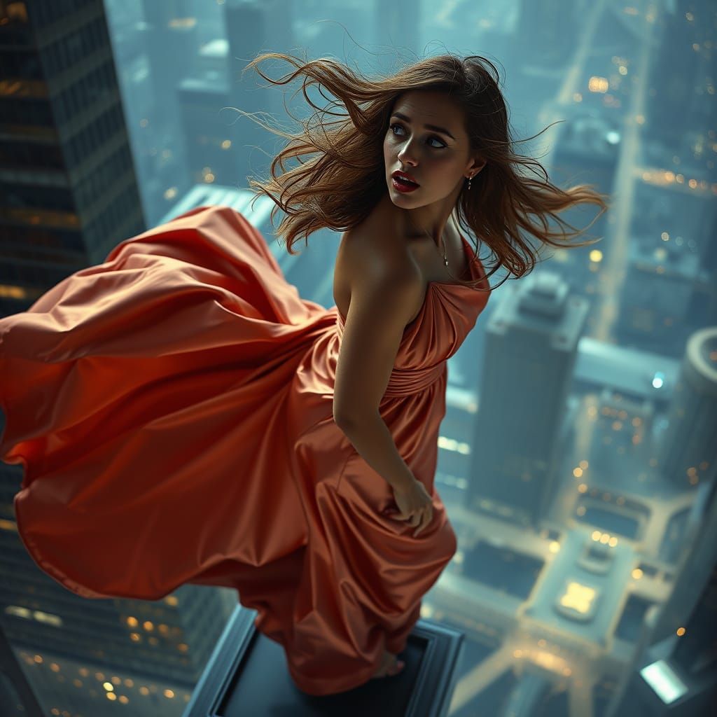 Woman on Skyscraper Edge in Cinematic Style