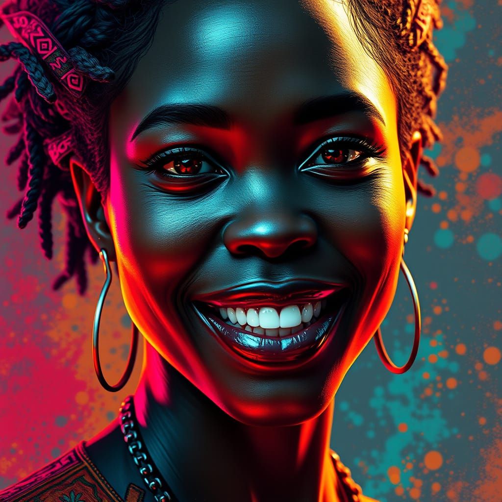 Ethereal African Beauty with Enigmatic Smile in Vibrant Colo...