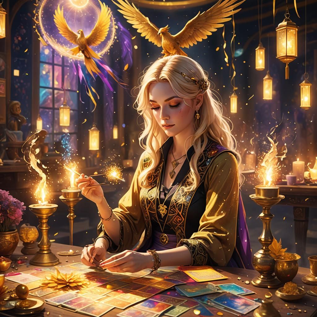 Anime Tarot Reader in a Phoenix Celebration