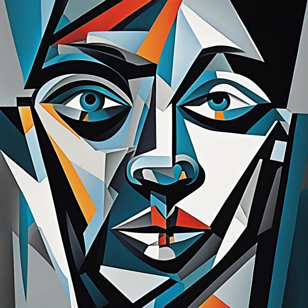 Intense Cubist Portrait with Fragmented Mechanical Features