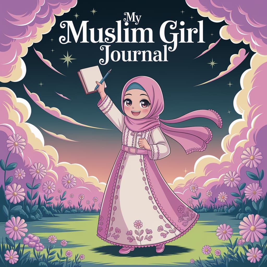 Joyful Muslim Girl in Anime-Style Dreamland