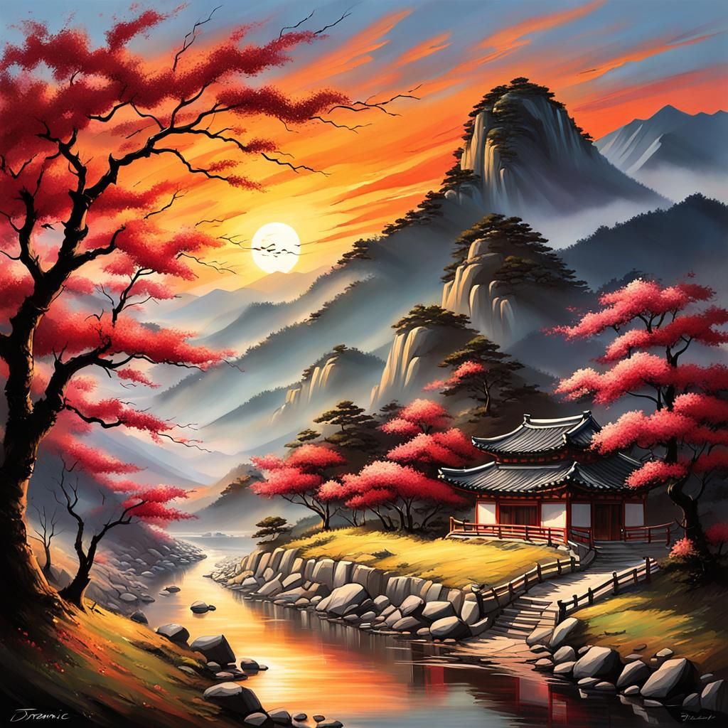 Cherry Tree Sunset: Tachisme Landscape Painting