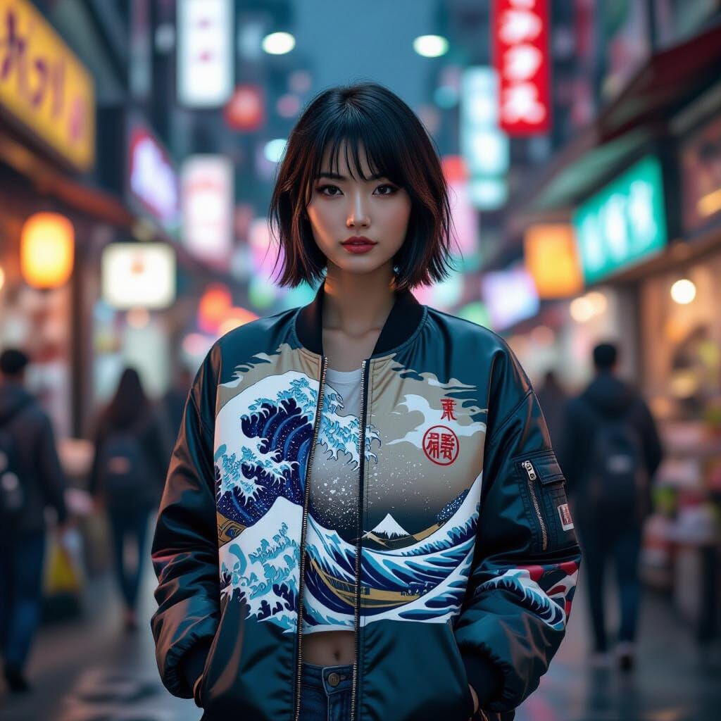 Cyberpunk Woman in Market with Great Wave Jacket