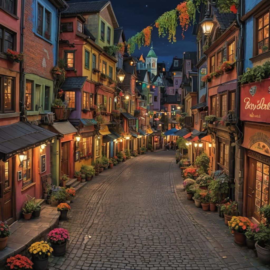 Nighttime Rainbow Street Scene