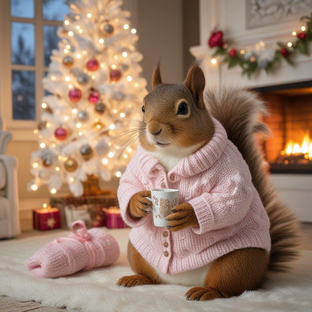 Surreal Winter Scene of a Squirrel in a Festive Sweater, Kni...