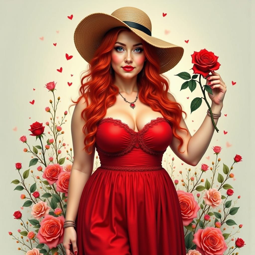 Plus Sized Woman in Red Dress with Rose and Summer Hat