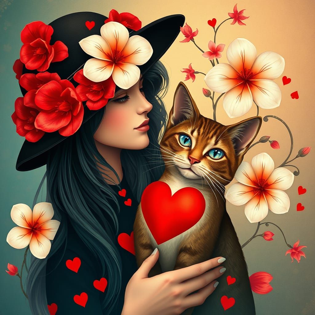 Woman and Cat in Whimsical Art Nouveau-Inspired Portrait