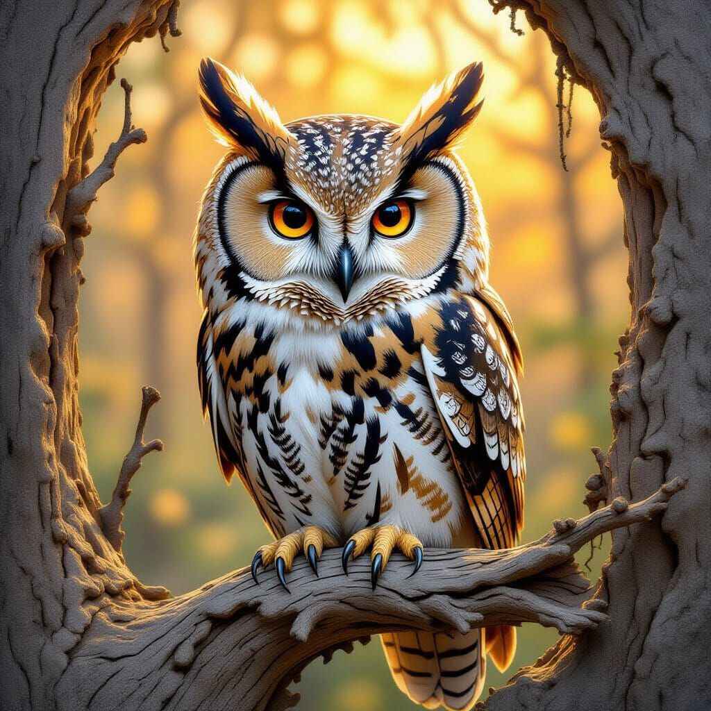 Hyperrealistic Wooden Owl Sculpture in Morley Style