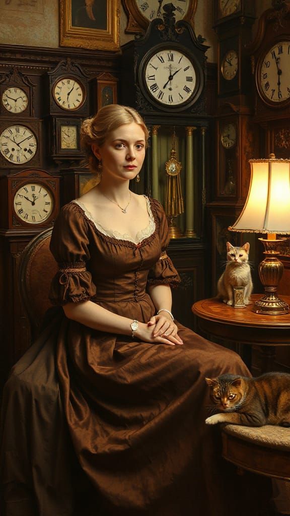 1850 Lady in Salon with Clocks and Cat