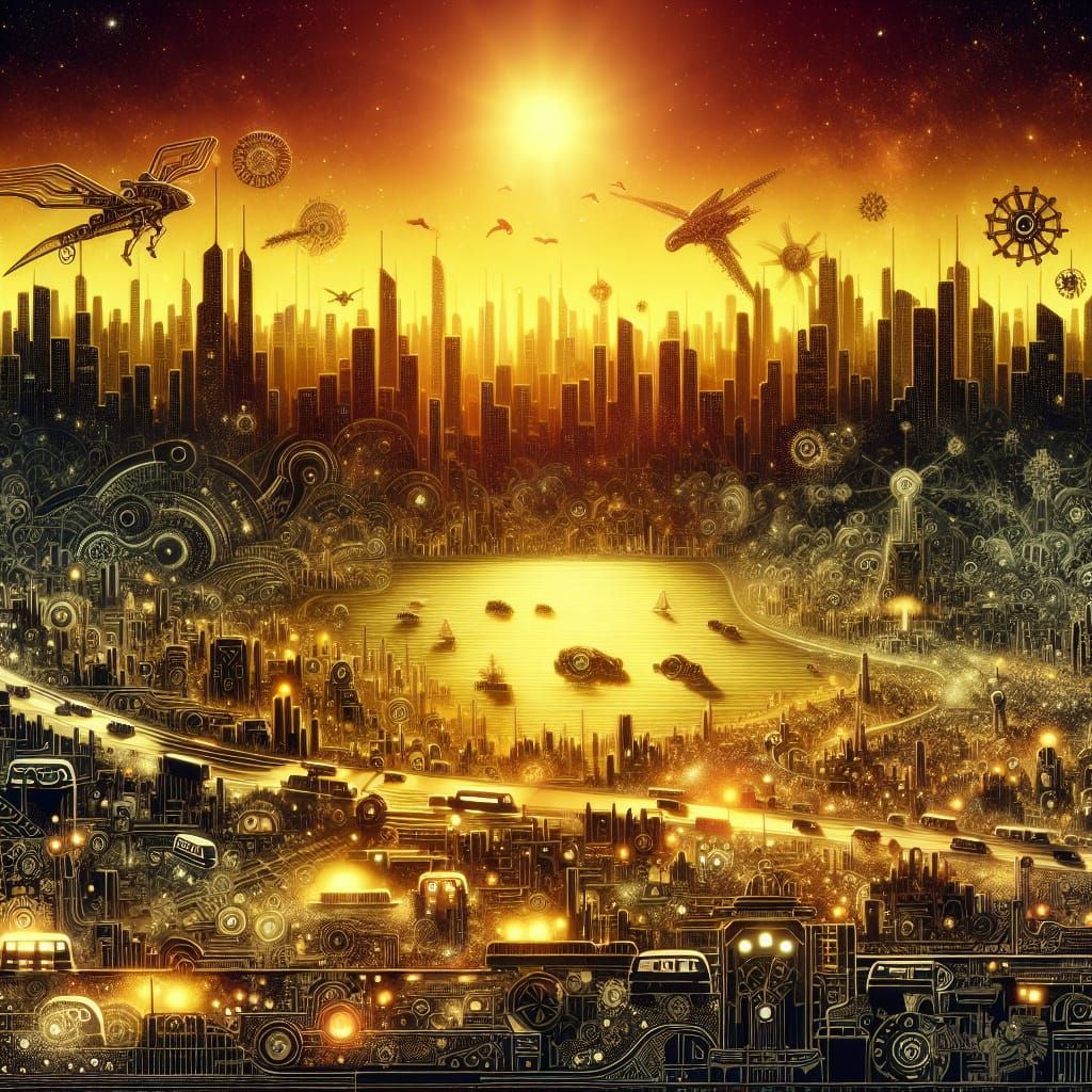 Vibrant Sci-Fi Cityscape at Sunset