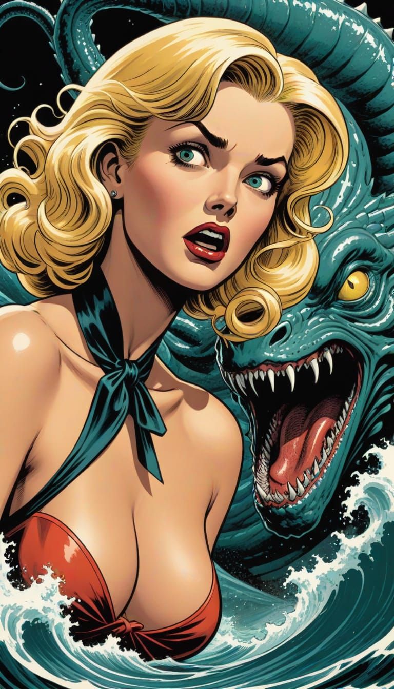 Giant Sea Monster Attack in Comic Book Style