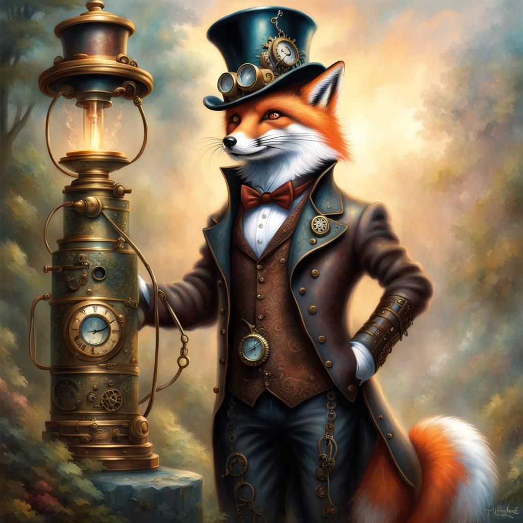 Steampunk Fox Gentleman in Ethereal Fantasy Scene