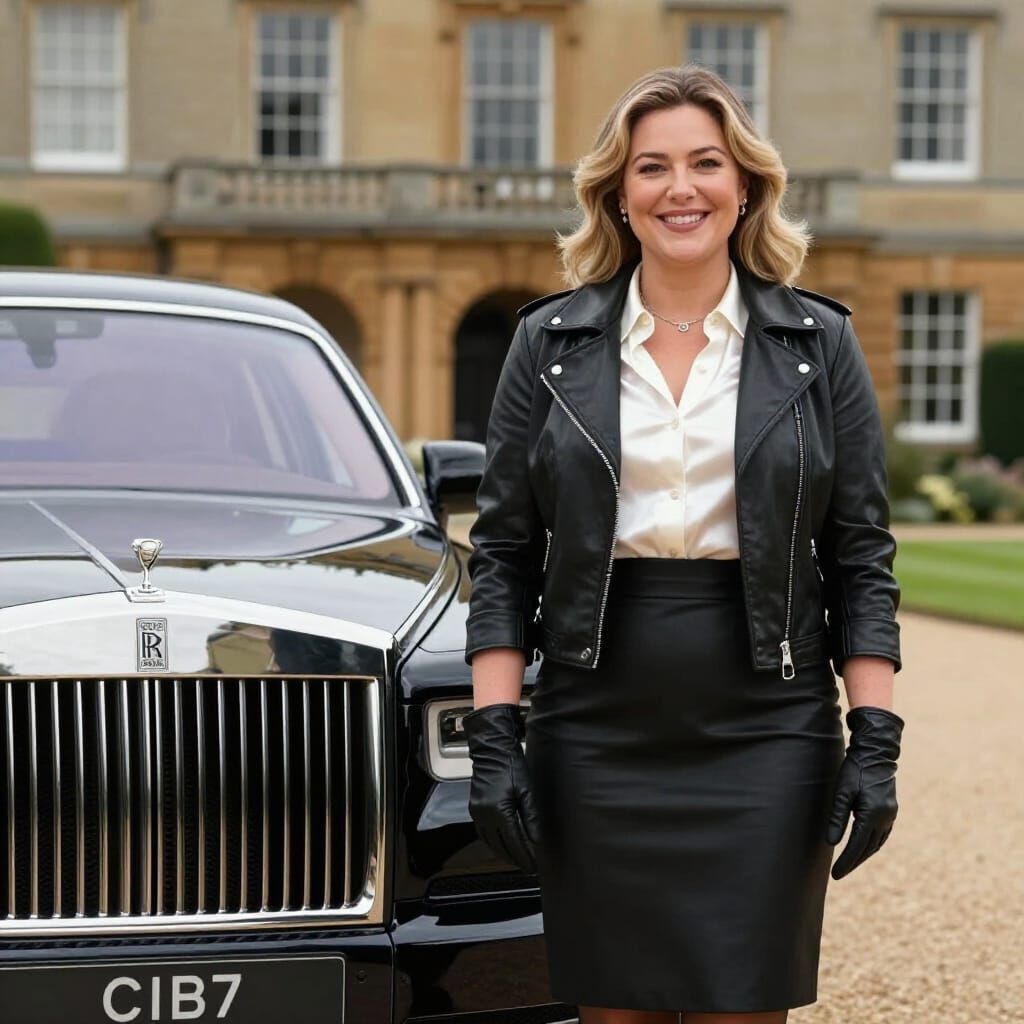 Woman Poses with Rolls Royce Outside English Country House