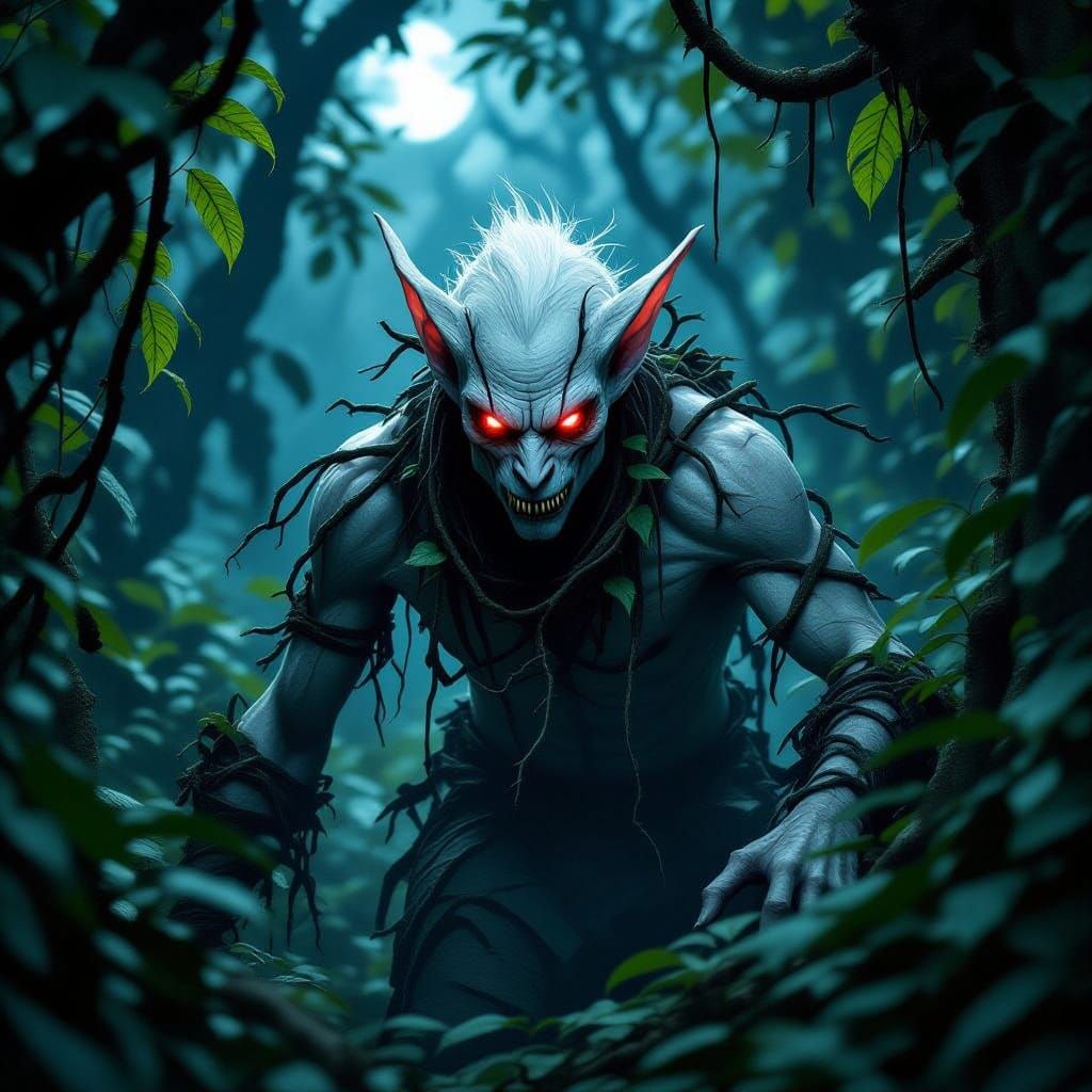 Pale Demon Stalks Moonlit Jungle in Dark Fantasy Style