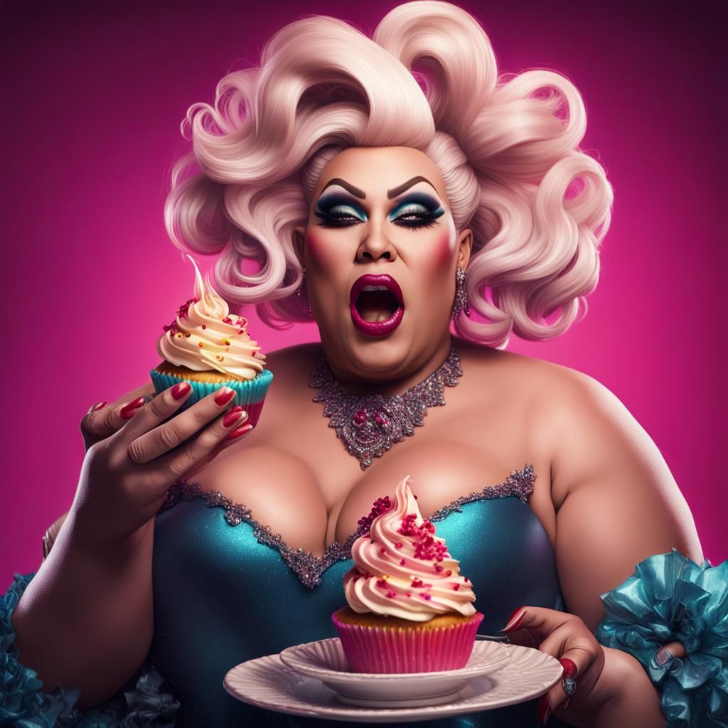 Plus Size Drag Queen with Cupcake, Detailed Matte Painting