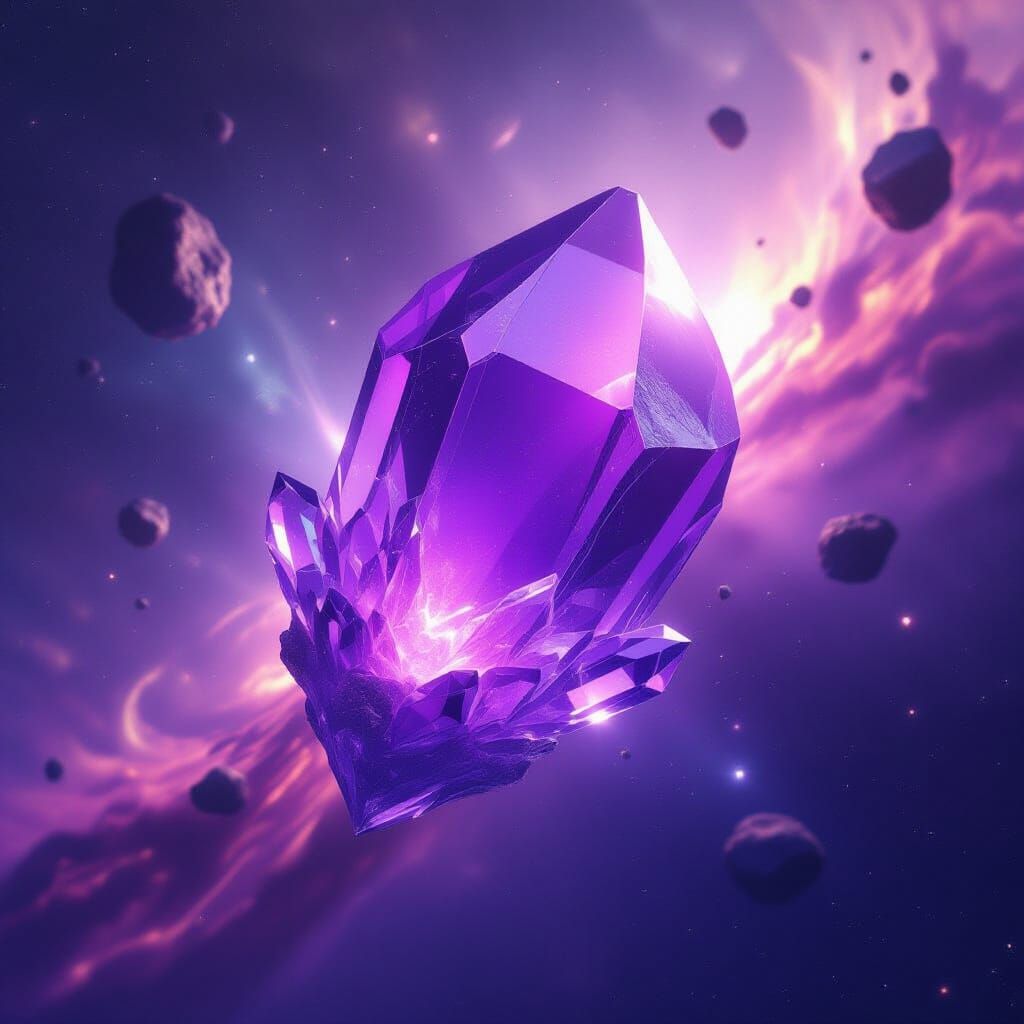 Giant Amethyst Crystal Floating in Cosmic Nebula