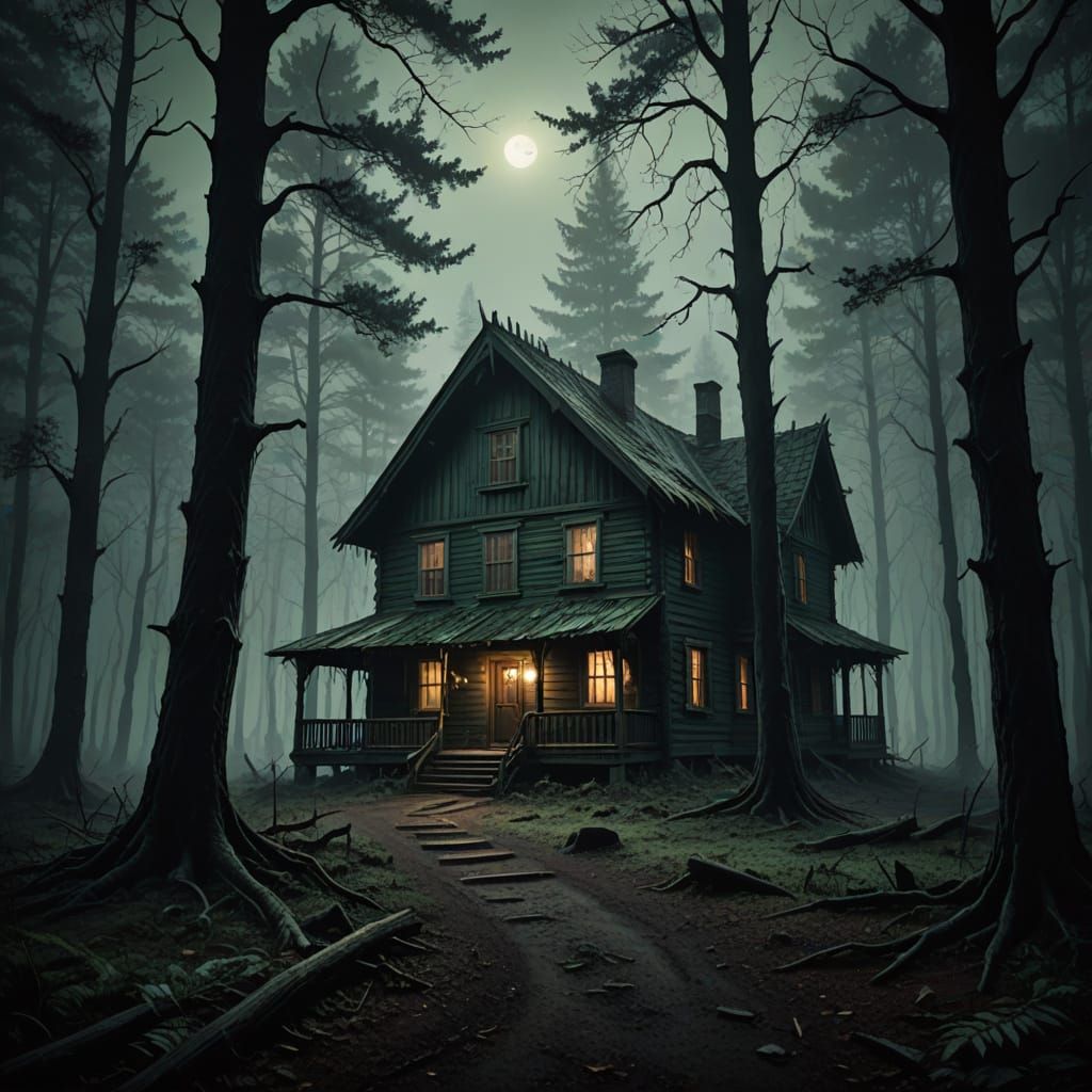 Ominous Cabin Amidst Twisted Trees in a Misty Forest