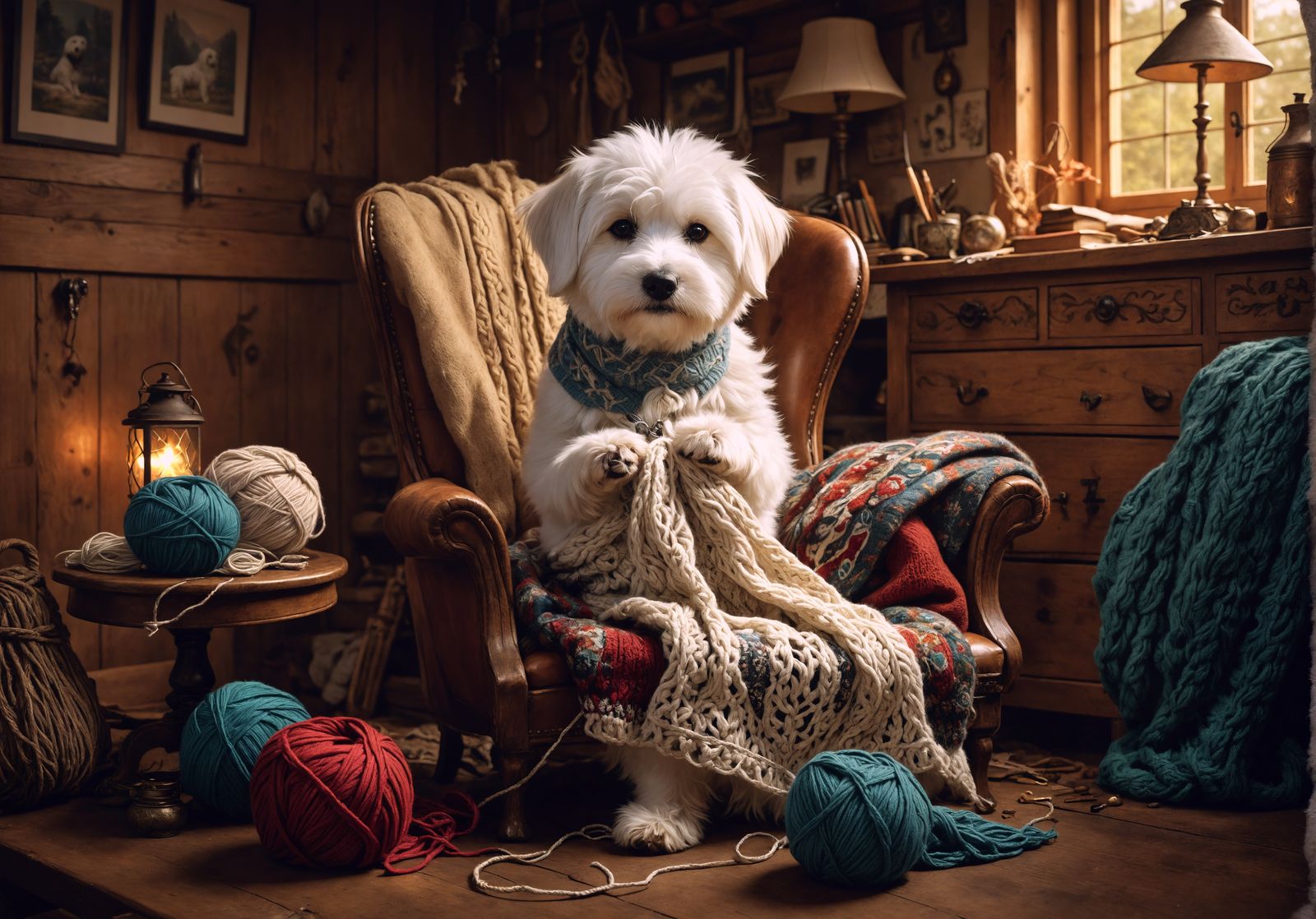 Coton de Tulear Knitting a Sweater: Fantasycore Illustration