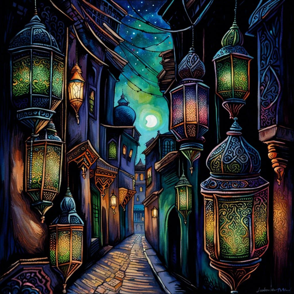 Ornate Moroccan Lanterns in Gouache Watercolor