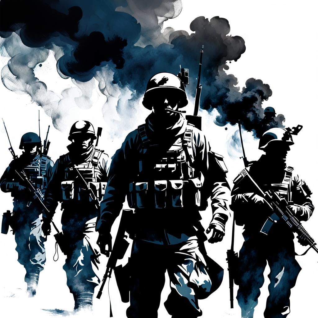 Soldiers Emerging from Smoke in Minimalist Ink Drawing