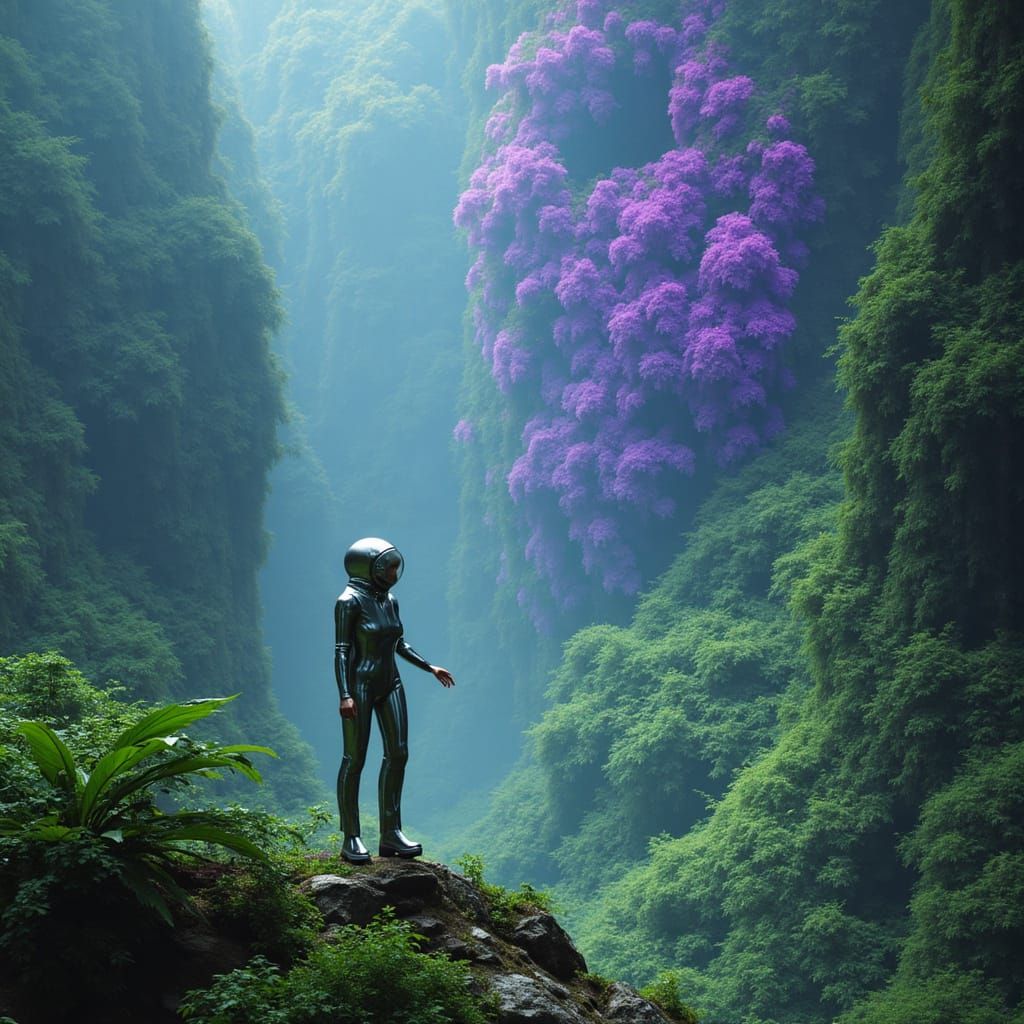 Astronaut Gazing at Alien Forest in Sci-Fi Style