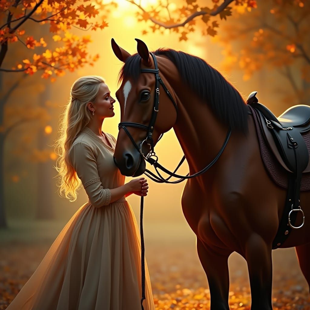 Woman and Horse: Serene Bond in Autumn Light