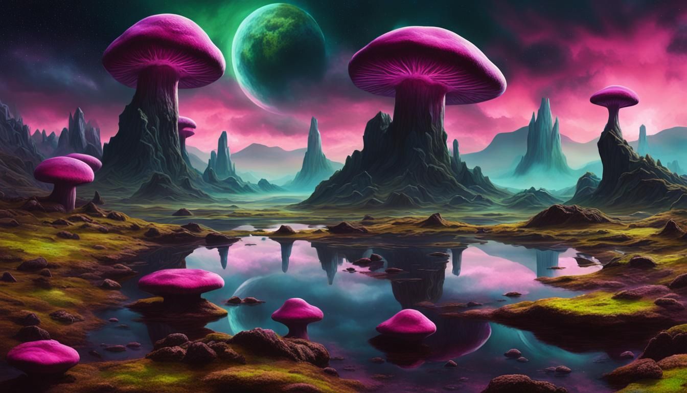 Surreal Alien Landscape with Bioluminescent Mushrooms