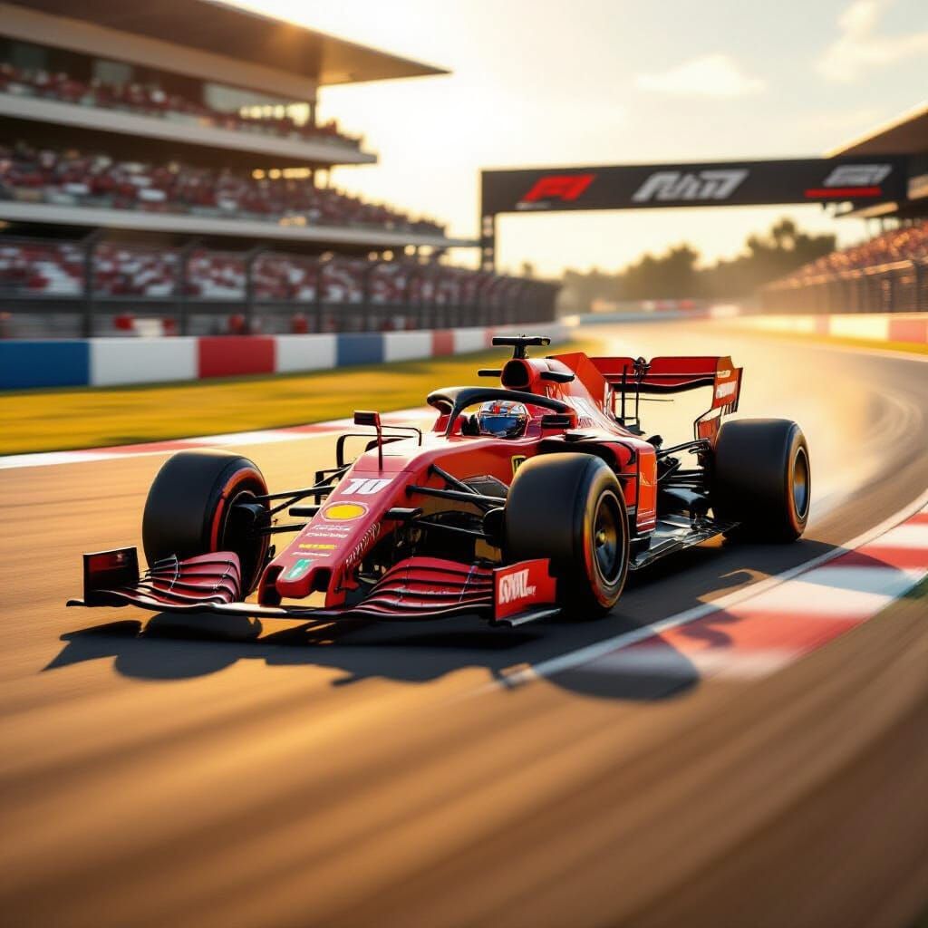 Red Formula 1 Race Car Speeds Down Sunlit Track