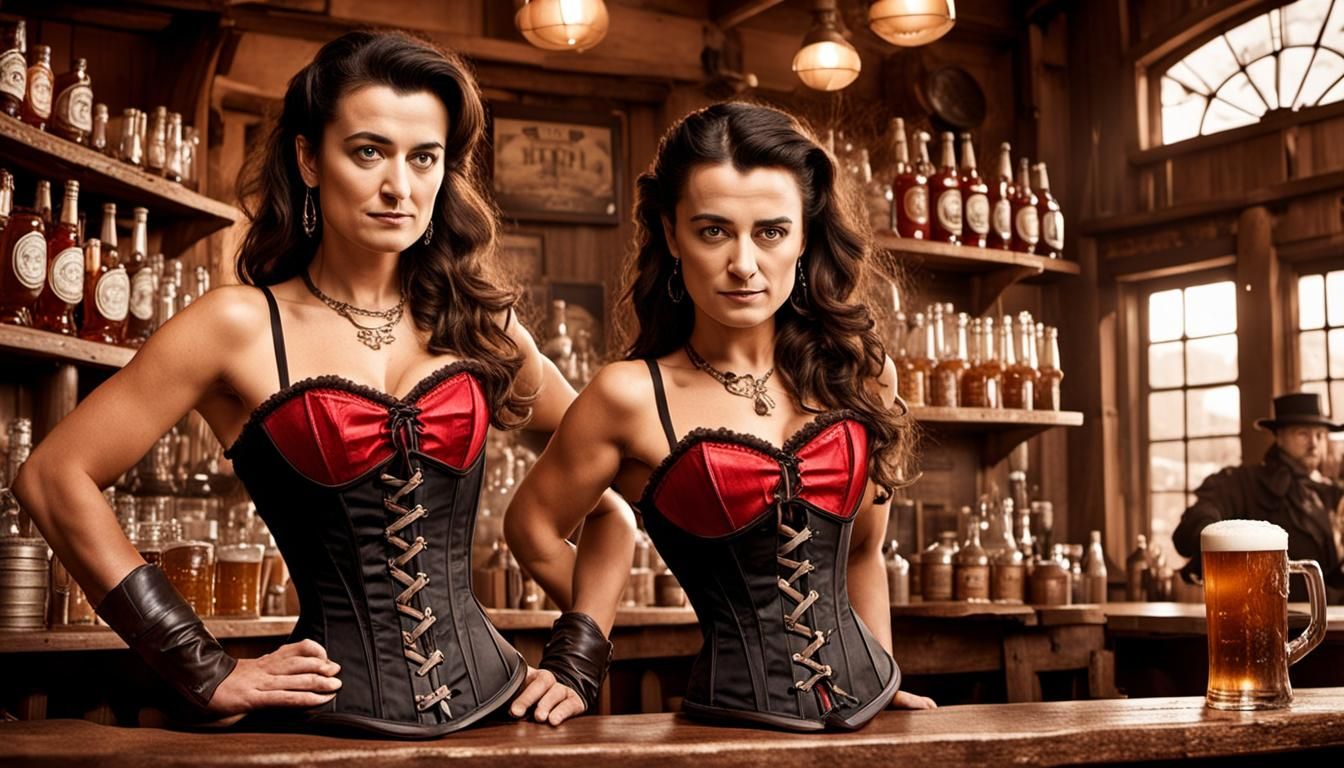 An old west saloon interior bartender Cote de Pablo is serving beer to the customers