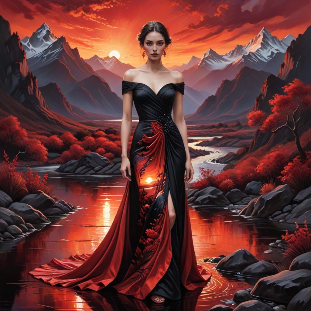 Woman in Haute Couture Red and Black Dress Against Sunset La...