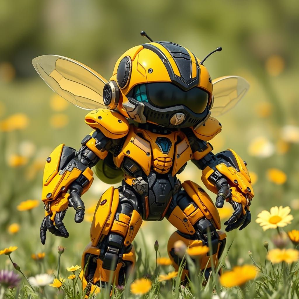 Bumblebee Robot Transformation in Futuristic Meadow