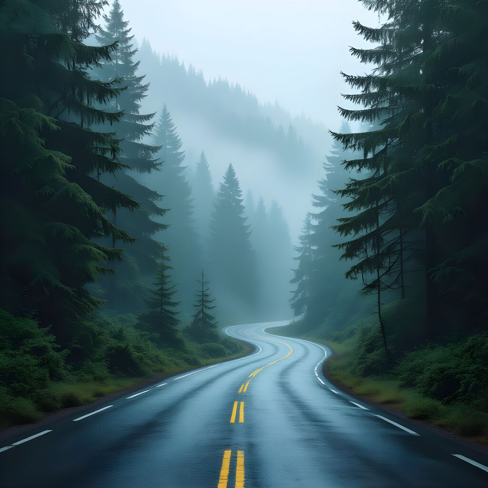 Atmospheric Road Through Evergreen Forest