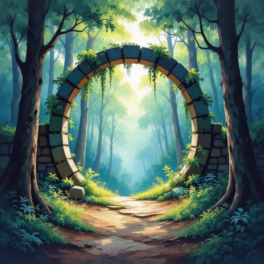 Forest Clearing Gateway Portal in Gouache & Watercolor Style