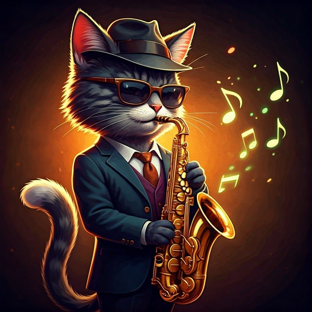 Jazz Cat Saxophonist in Gouache Style