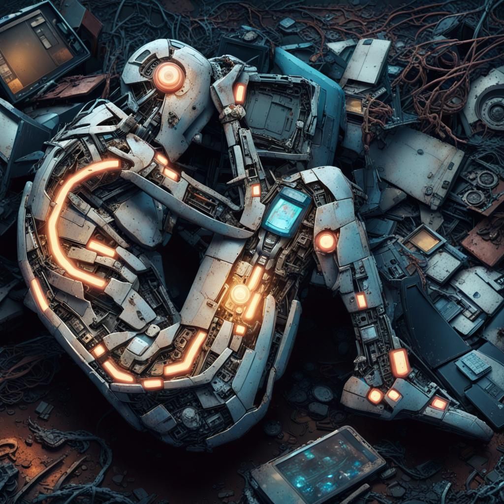 Scrapped Android in Junkyard: Surreal Mechanical Ruin