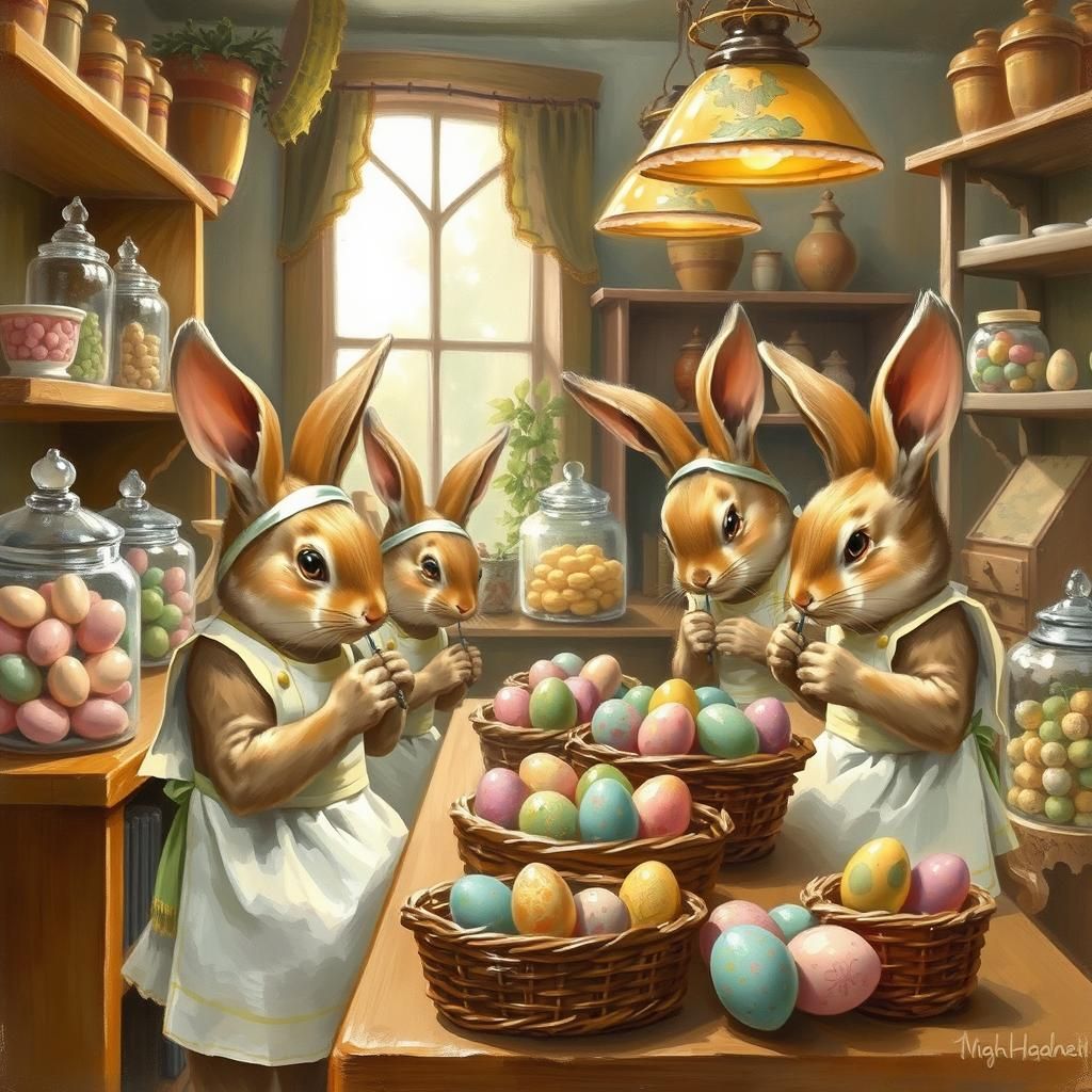 Rabbits Painting Easter Eggs in Sweetshop, Oil Painting Styl...