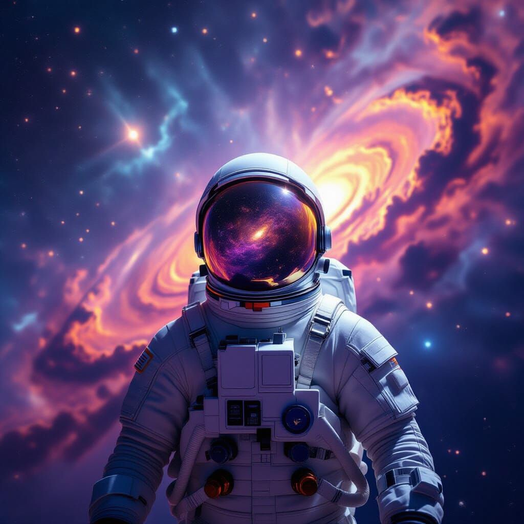 Astronaut Adrift in Cosmic Nebula with Galaxy Reflections