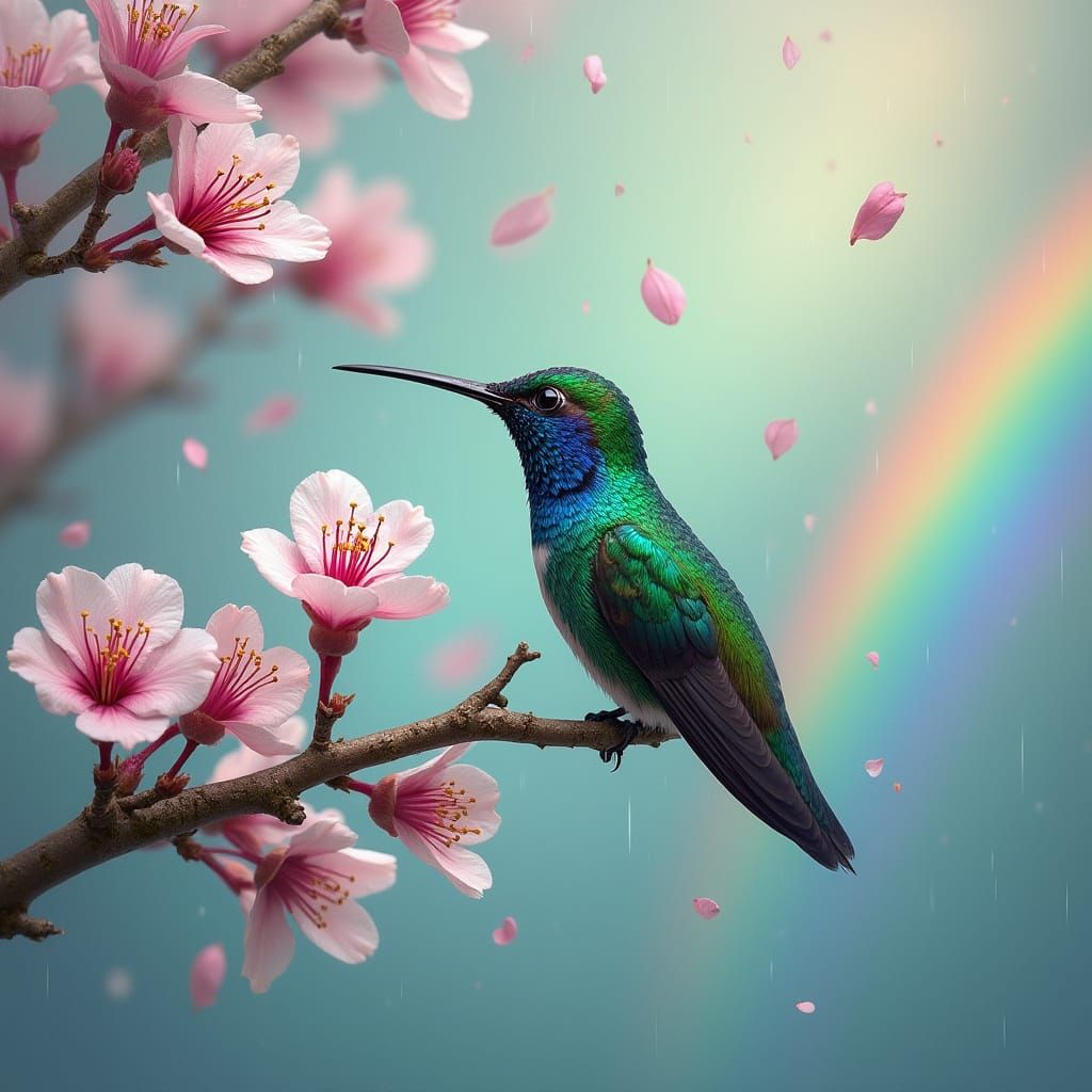 Vibrant Hummingbird Finds Refuge in Spring Rain, Surrounded ...