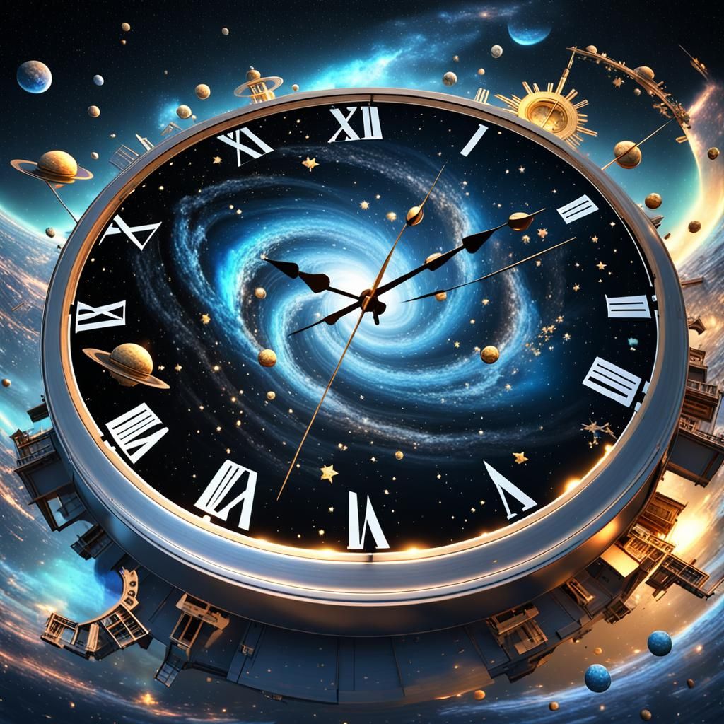 Melting Clock Flies Through Starry Space, Graffiti Art