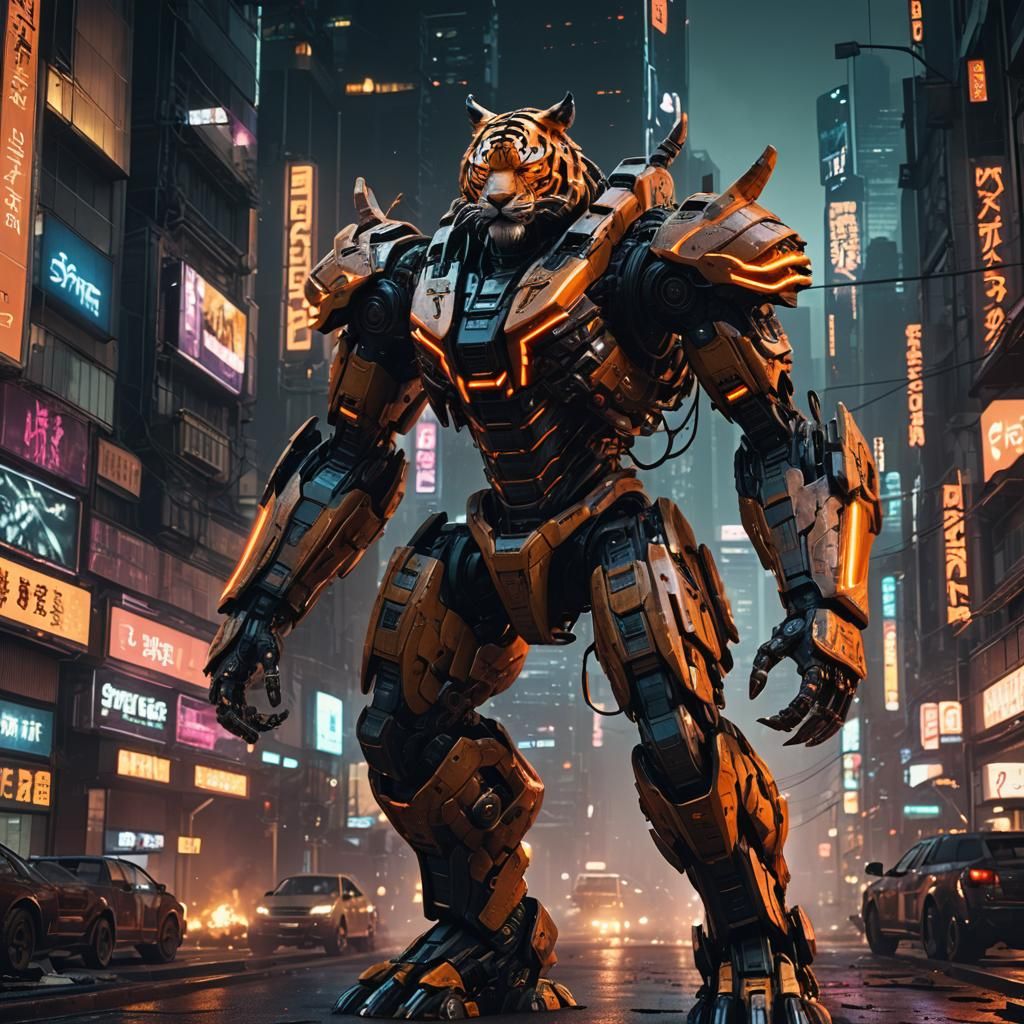 Fiery Tiger Mech in Cyberpunk Cityscape