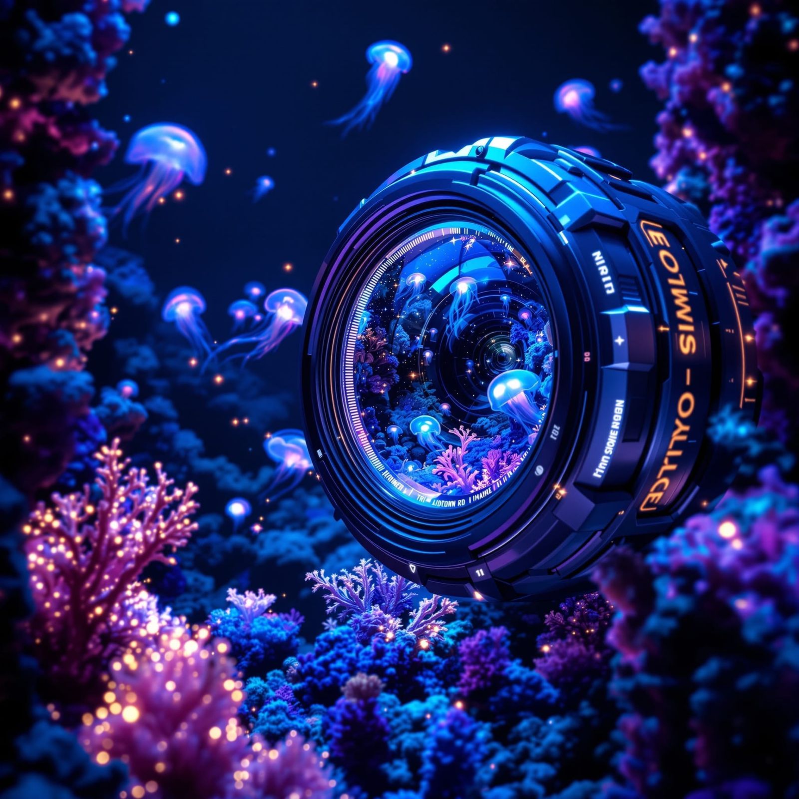 Bioluminescent Ocean Captured Through Futuristic Camera Lens