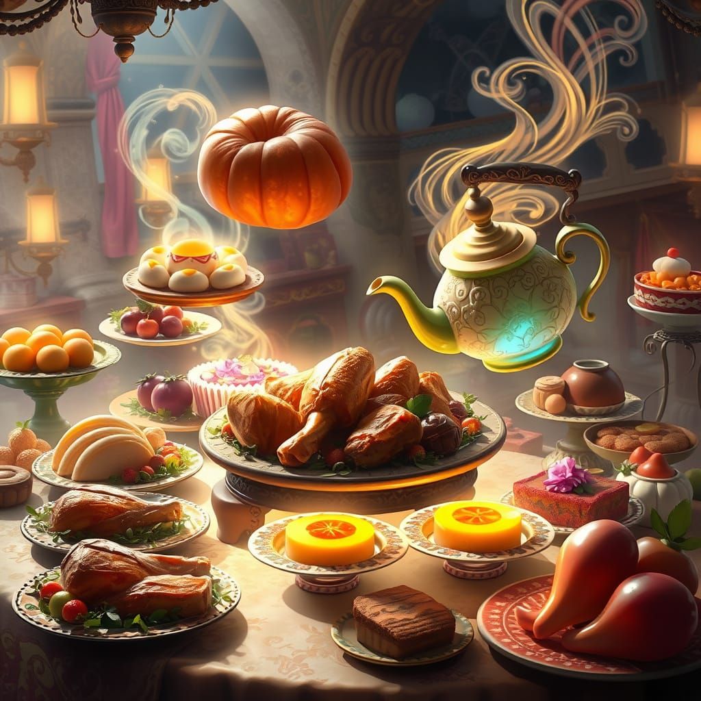 Magical Feast Levitating with Glowing Desserts