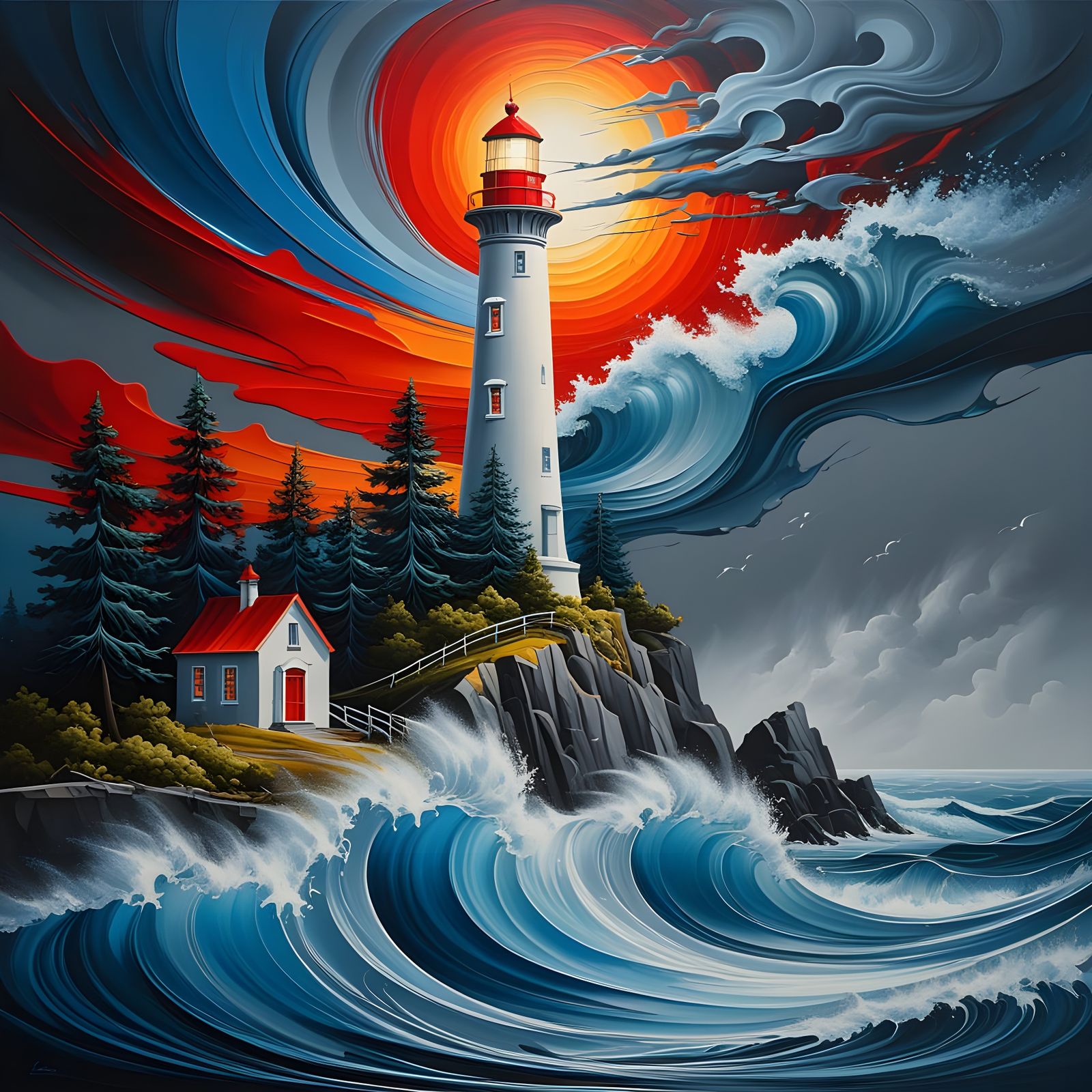 Ethereal Lighthouse in Vibrant Oil Painting