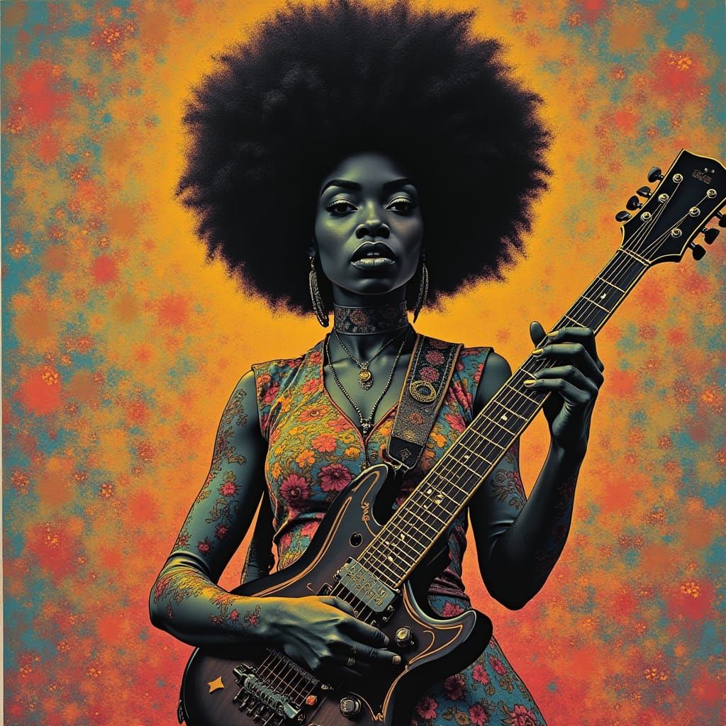 Psychedelic Afro Guitarist in Retro-Futuristic Style
